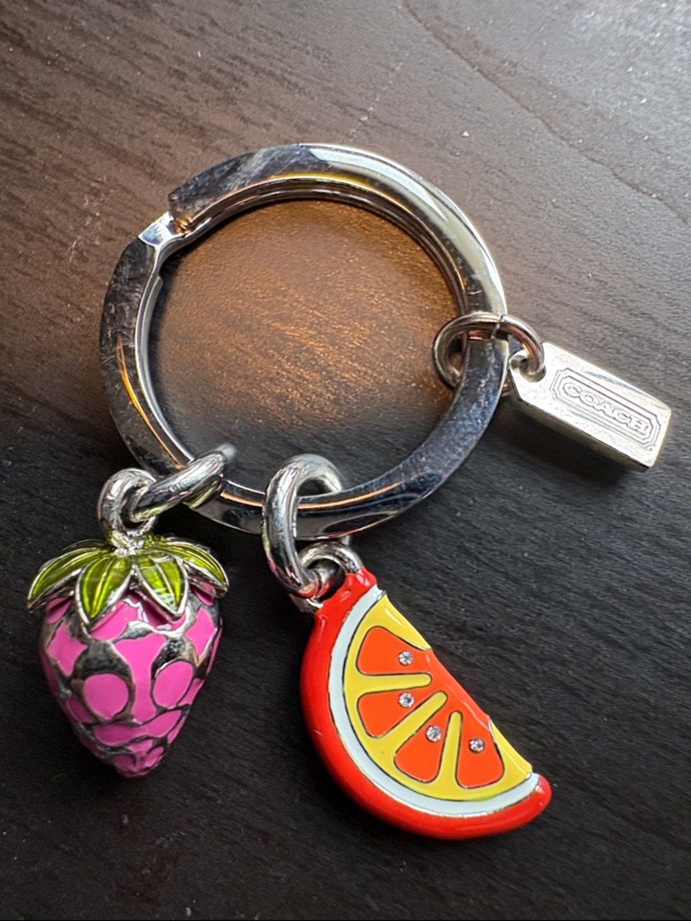 Coach Pink Strawberry & Orange Slice Enamel Charm Key Ring